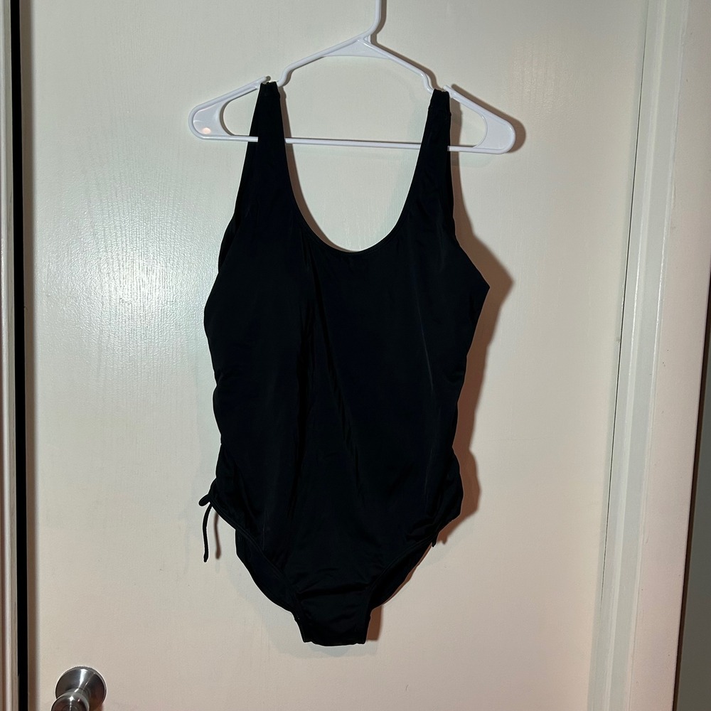 Islander Womens Plus Size 18W Black One Piece Swimsuit Ruched Side Tie Cinch